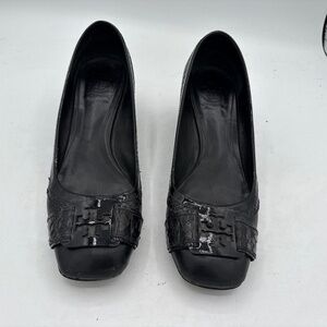 WOMENS TORY BURCH BLACK CHUNKY HEELS SNAKE LOGO TRIM LEATHER PUMP 9.5